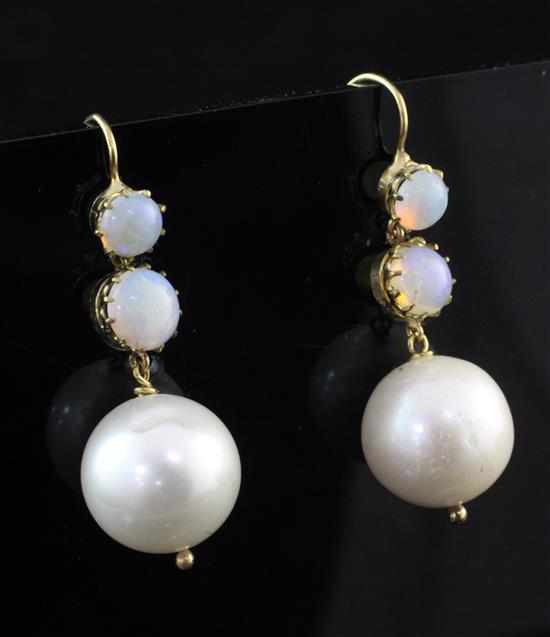 A pair of gold, cultured pearl and graduated white opal drop earrings, 1.25in.